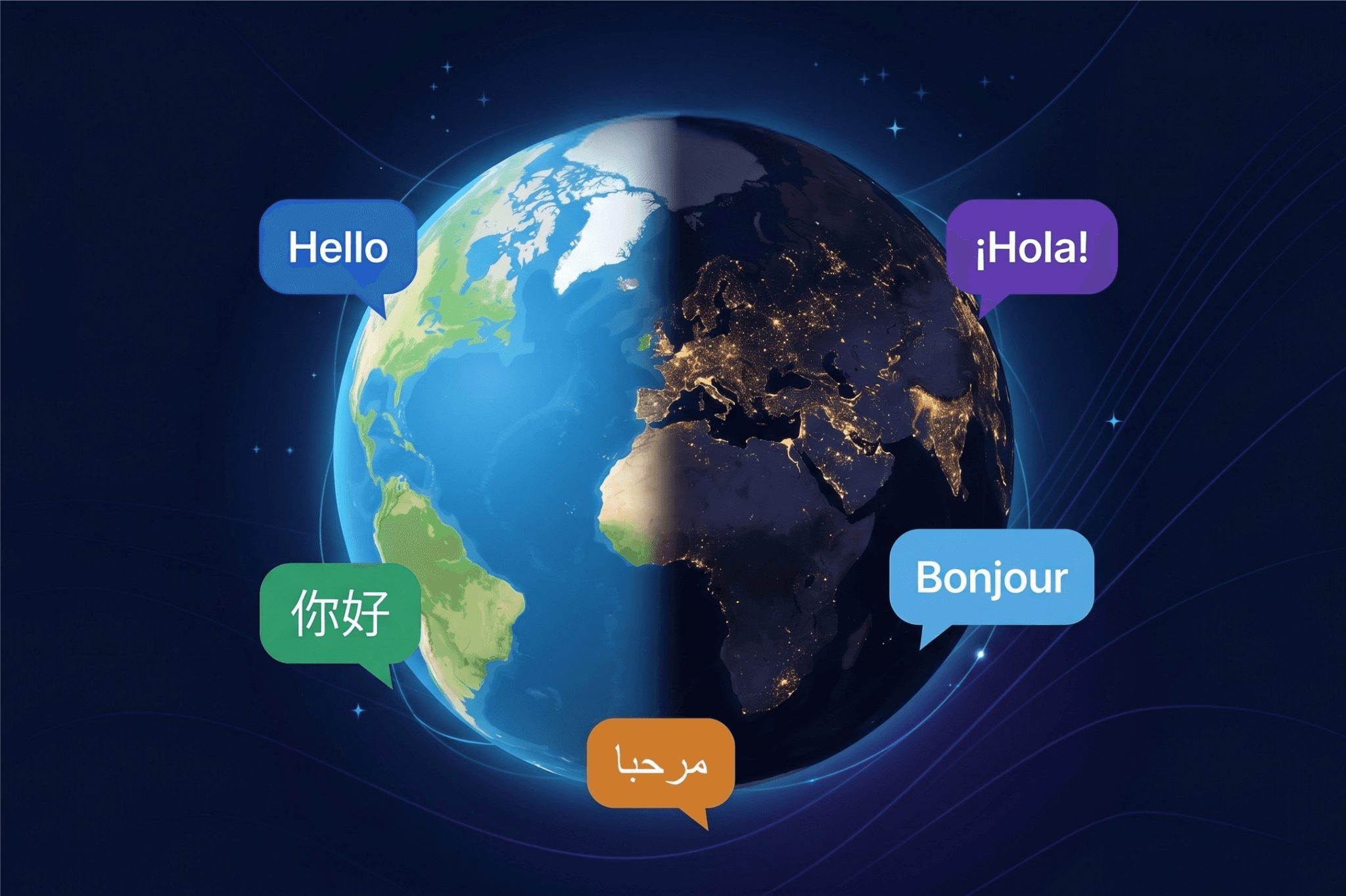 Globe with multilingual greeting bubbles