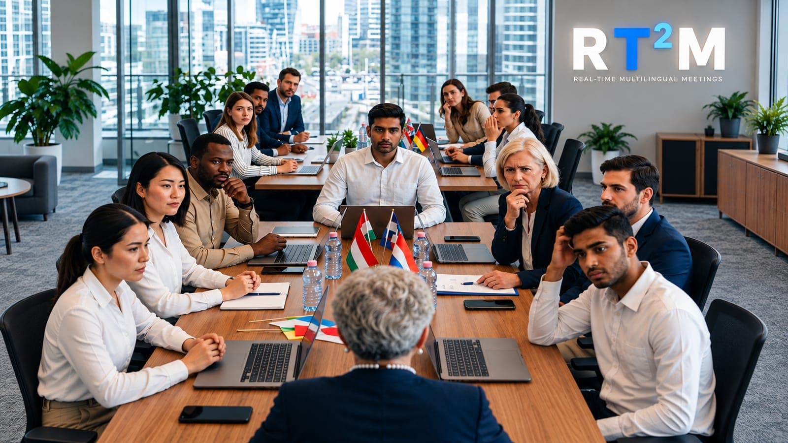 Multilingual team in a meeting room with the RT²M logo on the wall